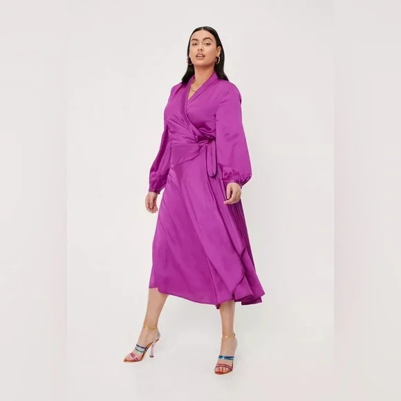 Nasty Gal Steal Spotlight BarbieCore Pink Satin Wrap Dress wedding guest plus 24 - Picture 2 of 14